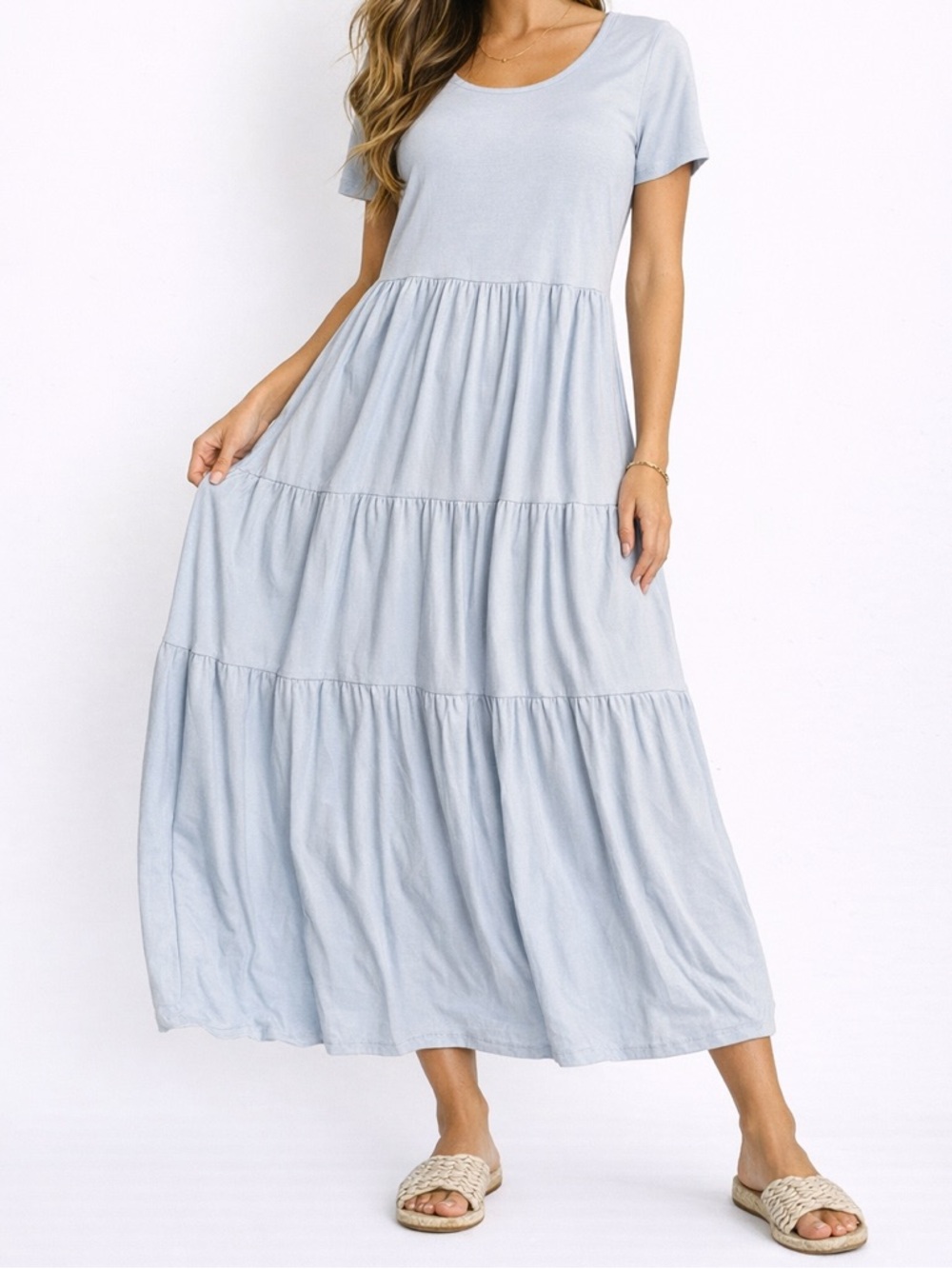 Zenana Ash Blue Tiered Maxi Dress Size XL Soft Casual Boho Flowy Midi/Maxi NWT